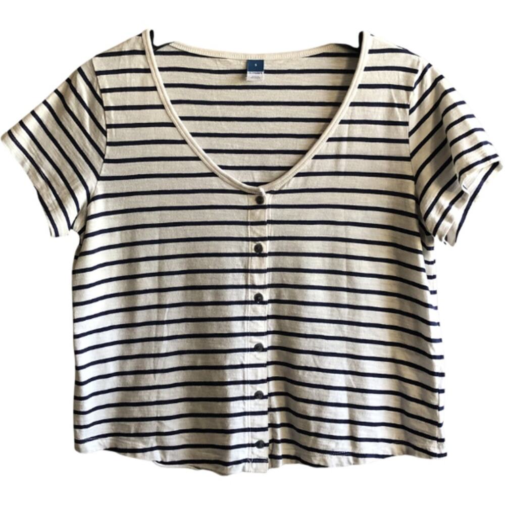 Old Navy V-Neck Navy & White Striped Faux Button T-Shirt Size S